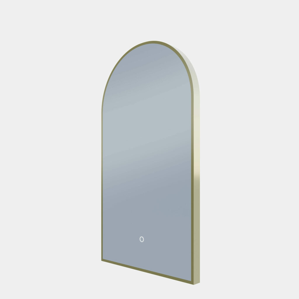 Framed A-Series Arch LED Mirror - Baltic Brass, 505 x 905