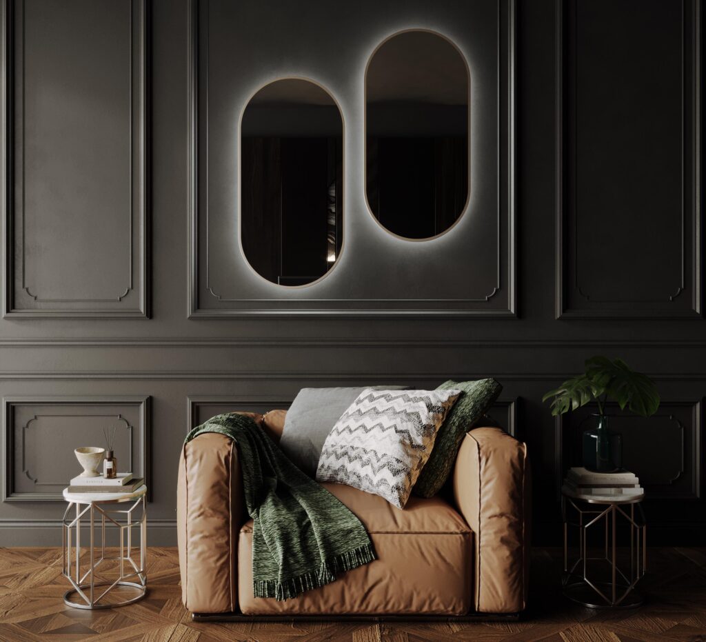 Framed O-Series Oval LED Mirror - Baltic Brass, 455 x 905
