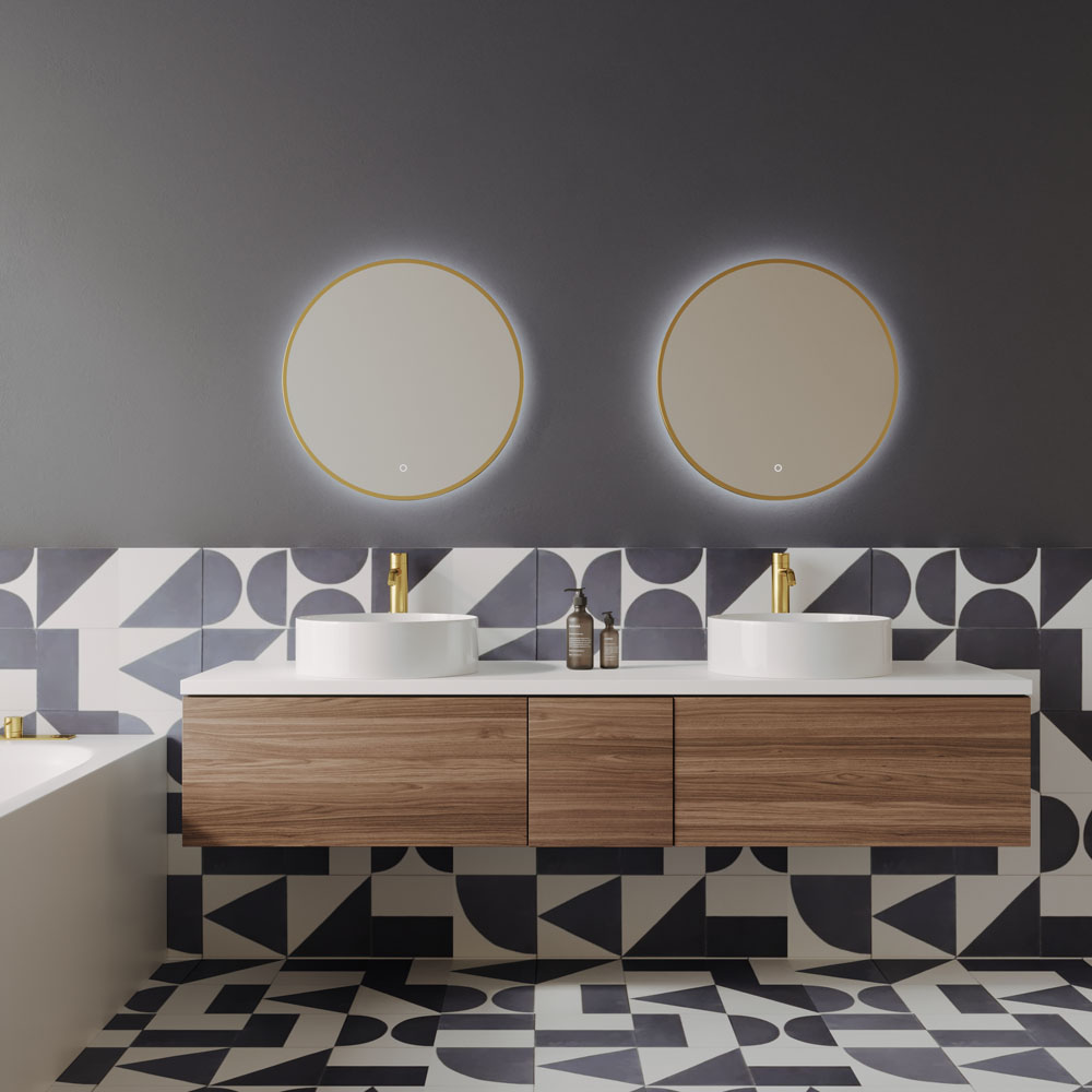 Framed S-Series Round LED Mirror - Baltic Brass, 605 x 605
