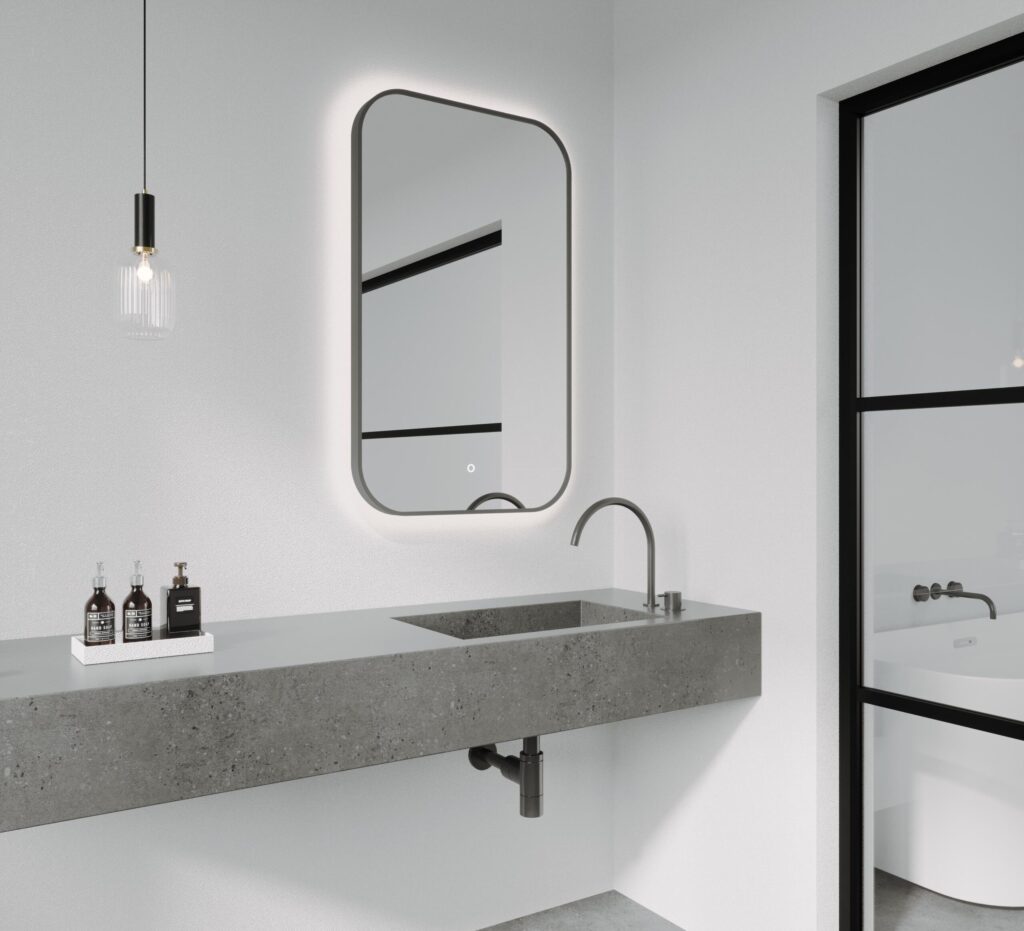 Luxury bathroom featuring Remer LED mirror powered by Modubox