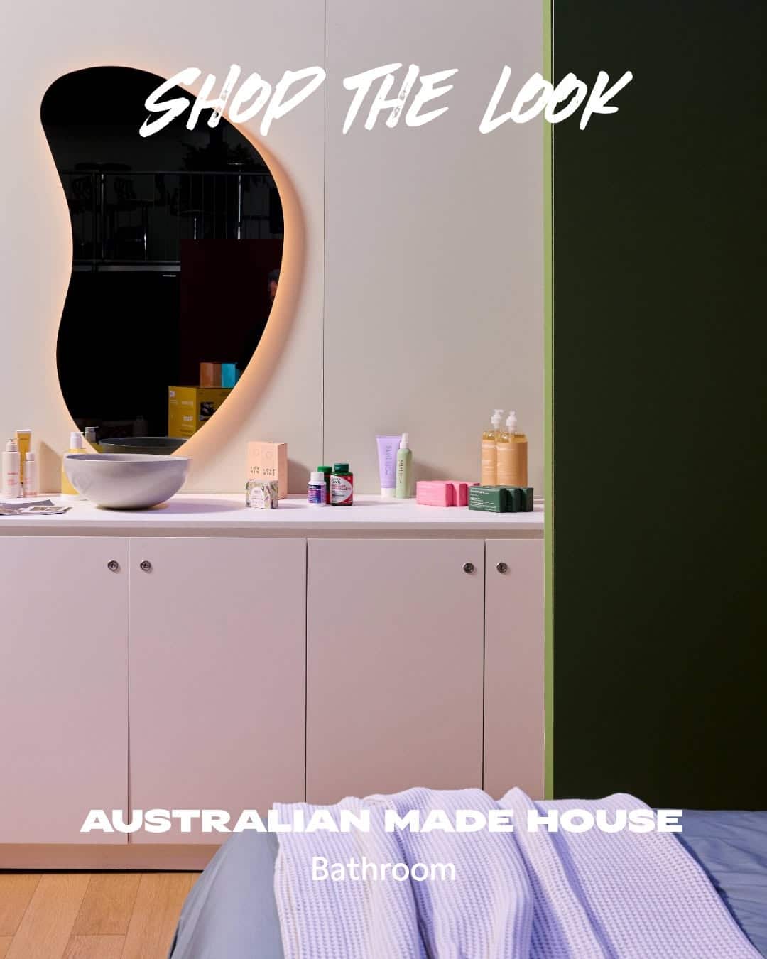 Remer custom organic mirror featured in the Australian Made House bathroom setting
